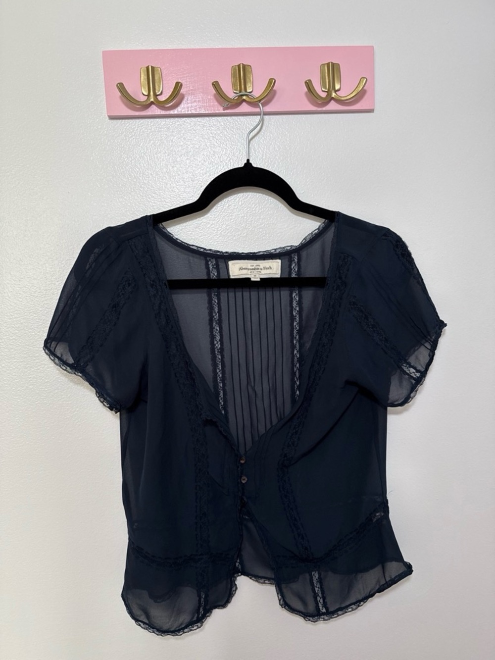 Abercrombie & Fitch Navy Sheer Lace-Trim Short Sleeve Blouse
